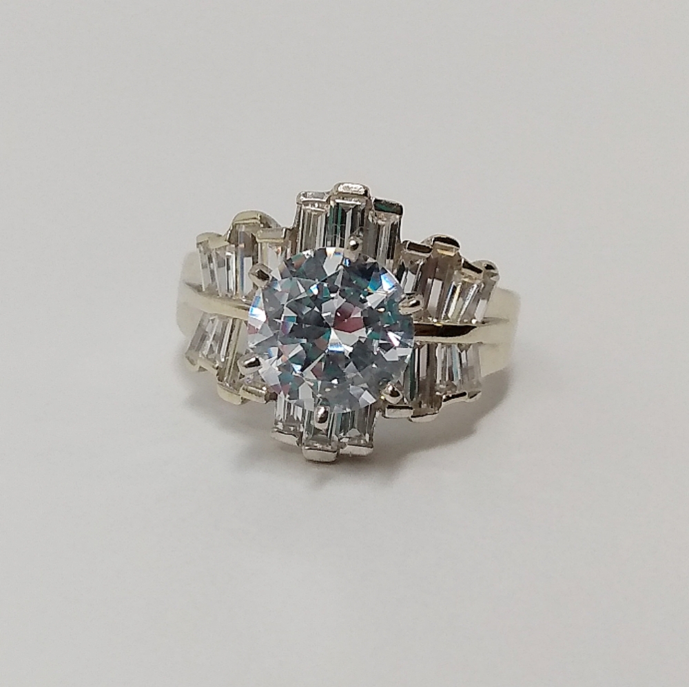 14k solid white gold cubic zirconia cz stones baguette solitaire engagement ring